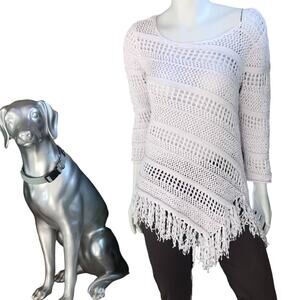Curio New York White Fringe Knit Asymmetrical 3/4 Sleeve Top Women's Size Large
